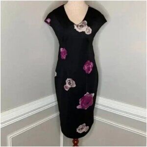 Alton Gray Floral Sheath Cocktail Dress Black Cap Sleeves Size 8